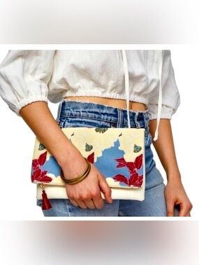 Anthropologie Rachel Pally Floral Canvas Zip Clutch in Blue, Cream & Wine